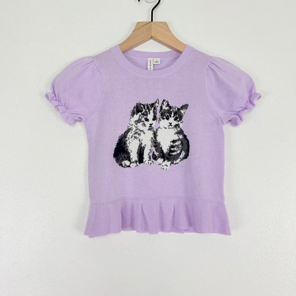 Janie and Jack Kitten‎ Peplum Sweater Top Girls Size 6 Purple Puff Sleeve Ruffle